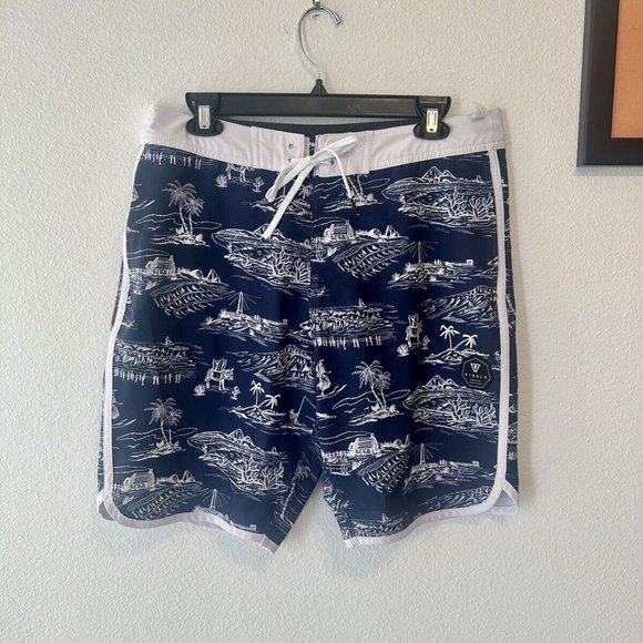 VISSLA Mens 31 M Board Shorts Swim‎ Trunks Navy Blue Hawaiian 18.5" Dolphin Trim - Picture 1 of 8